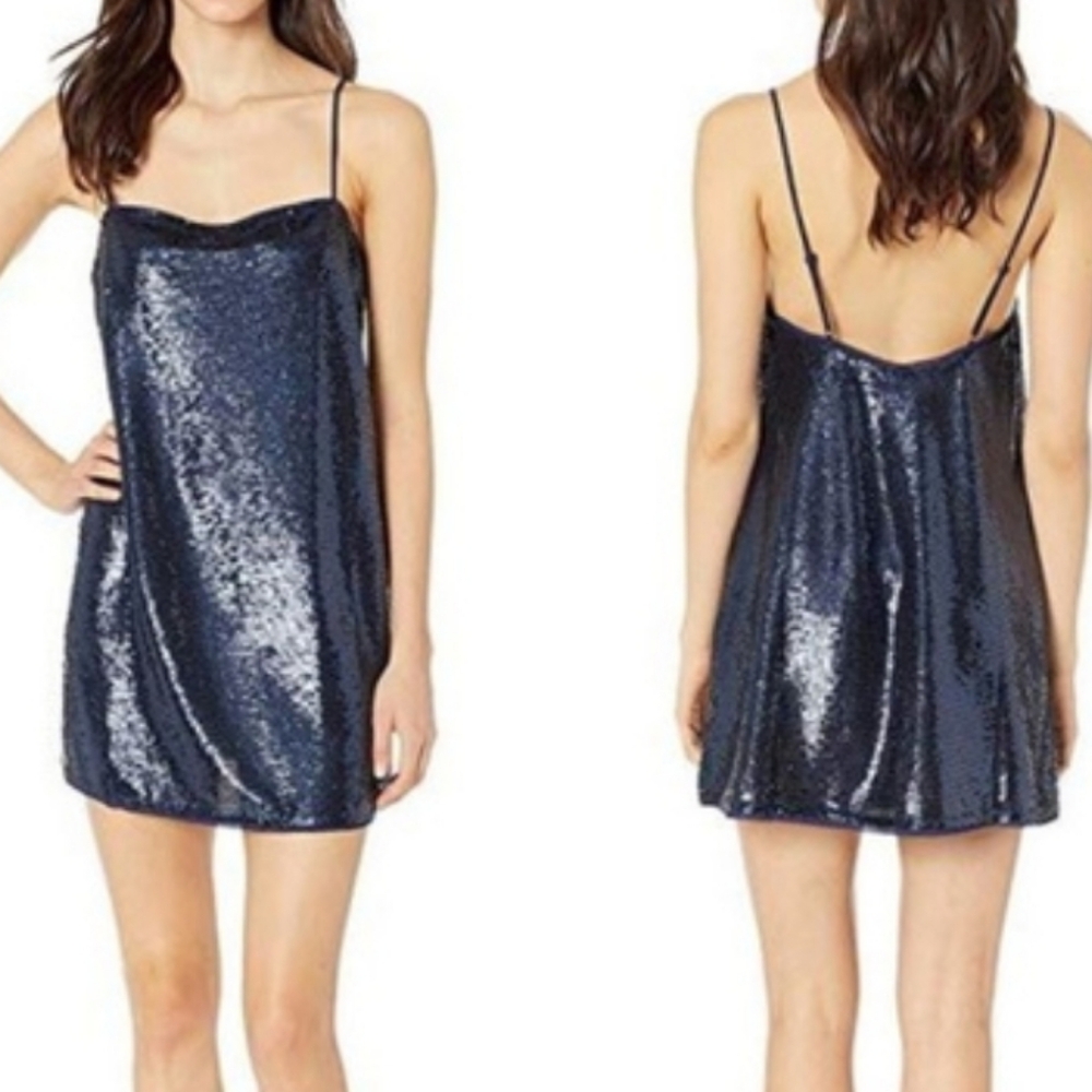 Free People Time to Shine Navy Blue Sequin Slip Dress Sz L